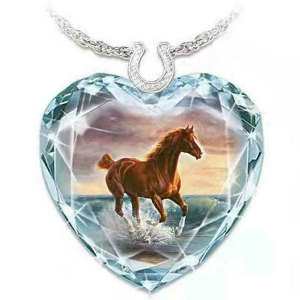 Stunning Womens Peach Heart Animal Pendant Necklace Horse Crystal Jewelry Gift