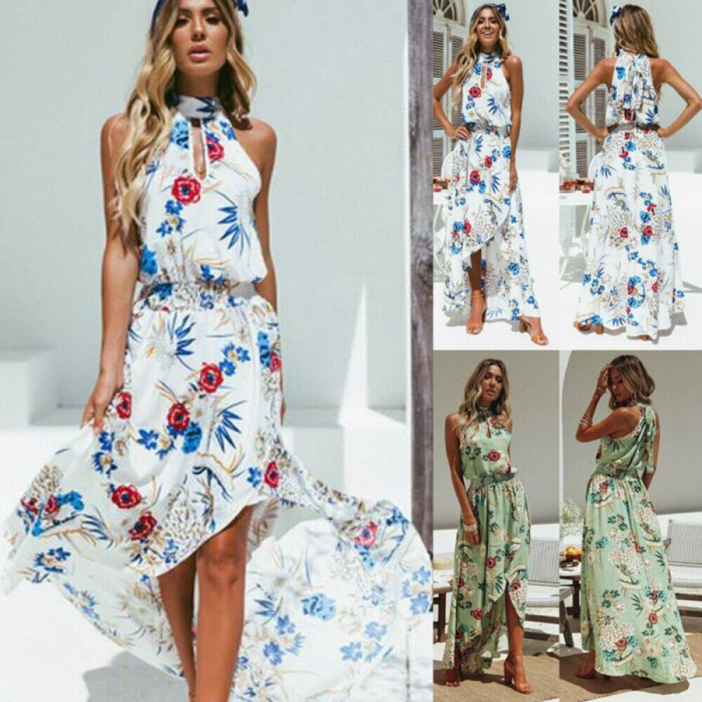Summer Womens Boho Floral Long Maxi Dress Evening Party Beach V Neck Dress