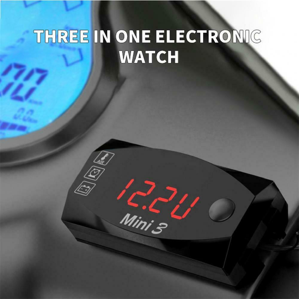 3-in-1 Motorcycle Clock VoltageThermometer &Voltmeter LED Display DC 6V-30V IP67