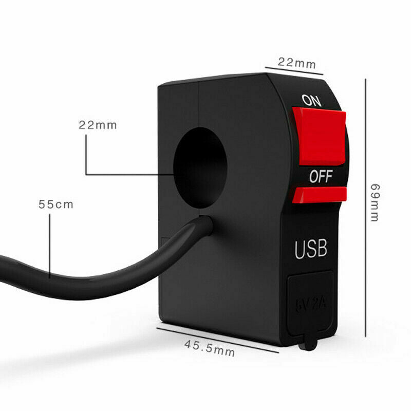 Multi-function Motorcycle 7/8" Handlebar Flashing Switch w/ 2A USB Phone Charger