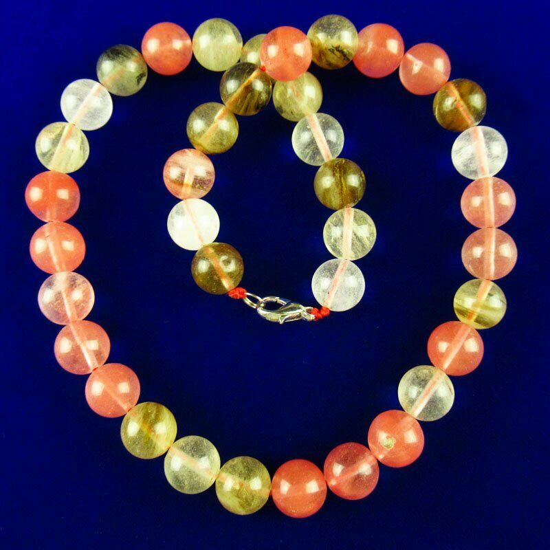 12mm Volcano Cherry Quartz Round Beads Pendant Necklace 17.5 inch 78g A-512DP
