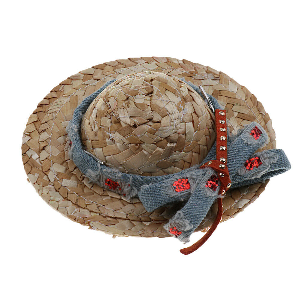 Pet Dog Cat Party Costume Accessory Straw Sombrero Hat Adjustable Buckle Denim M