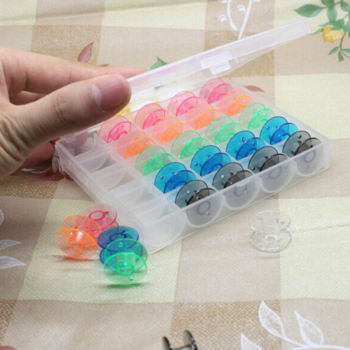 25 Empty Bobbins Sewing Machine Spools With Plastic Case Storage Box Supplies