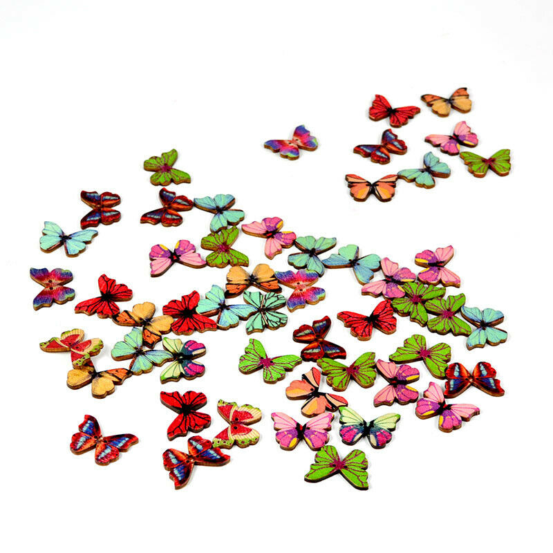 50Pcs Butterfly 2 Holes Wooden Buttons Scrapbooking DIY Craft Wedding Decorat TL