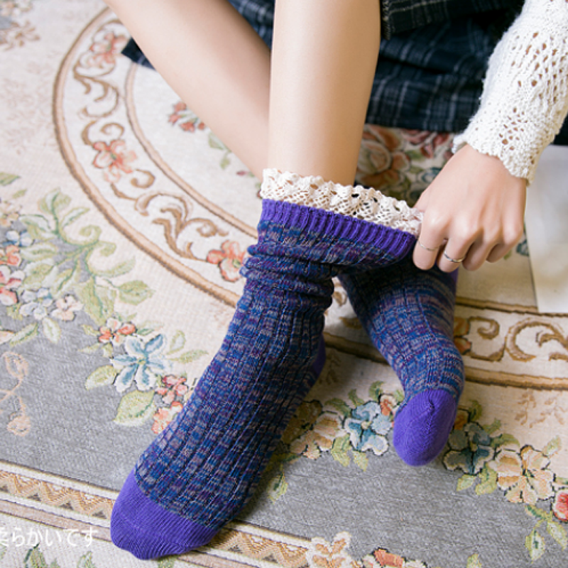 3 Pairs Women's Socks Cotton Blend Lace Ruffle Two Tones Knit Socks Thick Winter