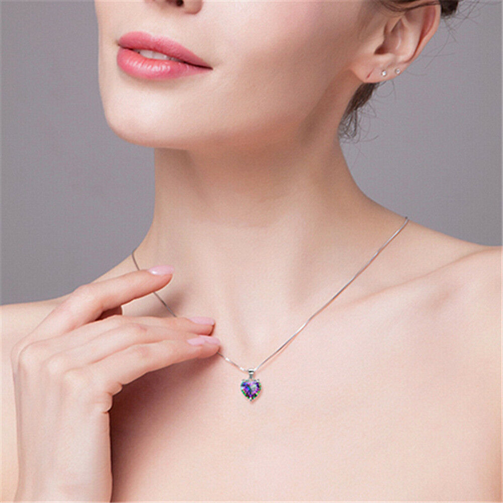 Rainbow Crystal Love Heart Angel Wings Pendant Women Necklace Jewelry Gift UK