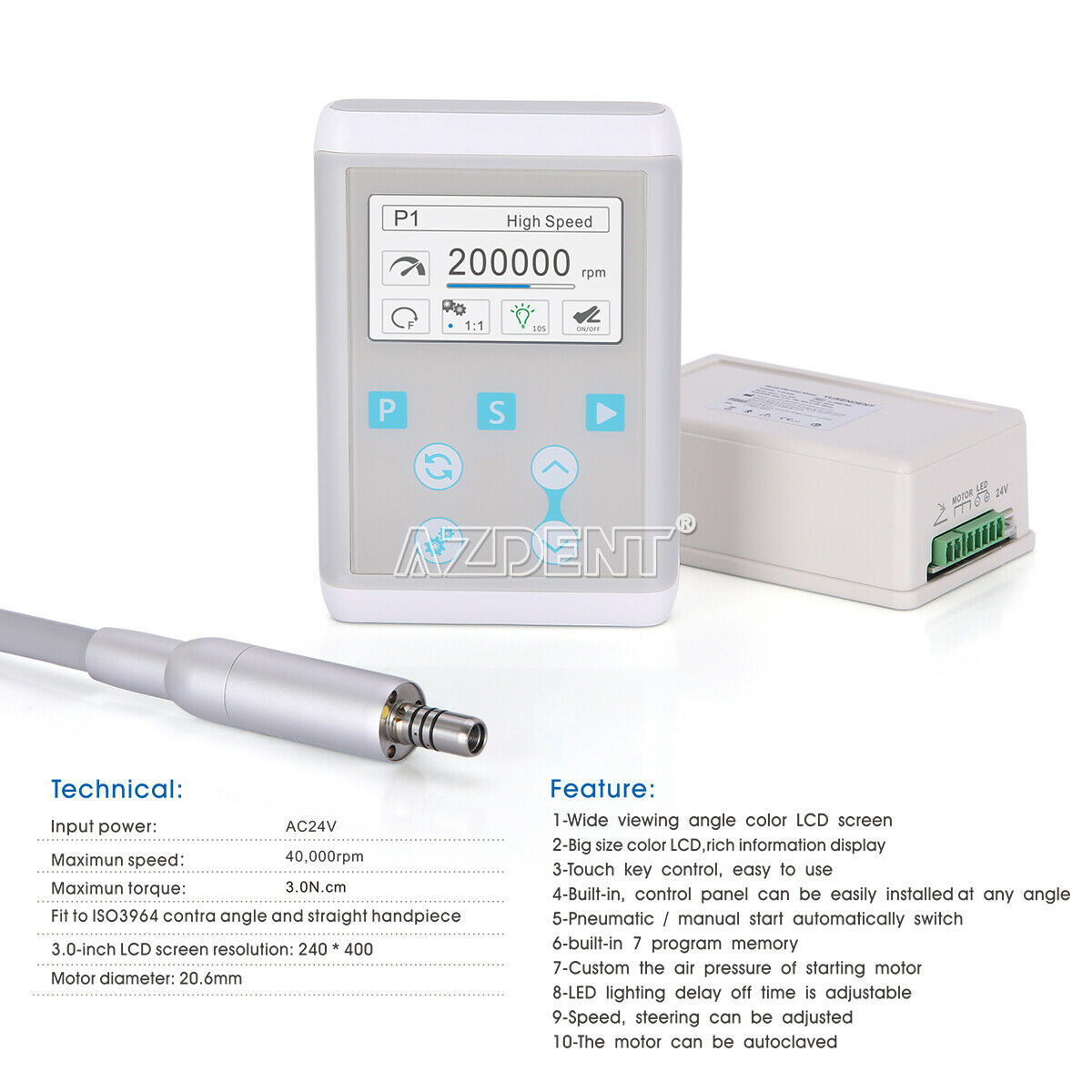 Dental LED Light Electric Micro Motor Brushless Built-In 7G Memory Autoclaved