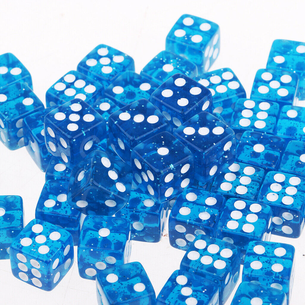 Set of 50 Six Sided Translucent RPG D6 12mm Dice - Blue with White Pips