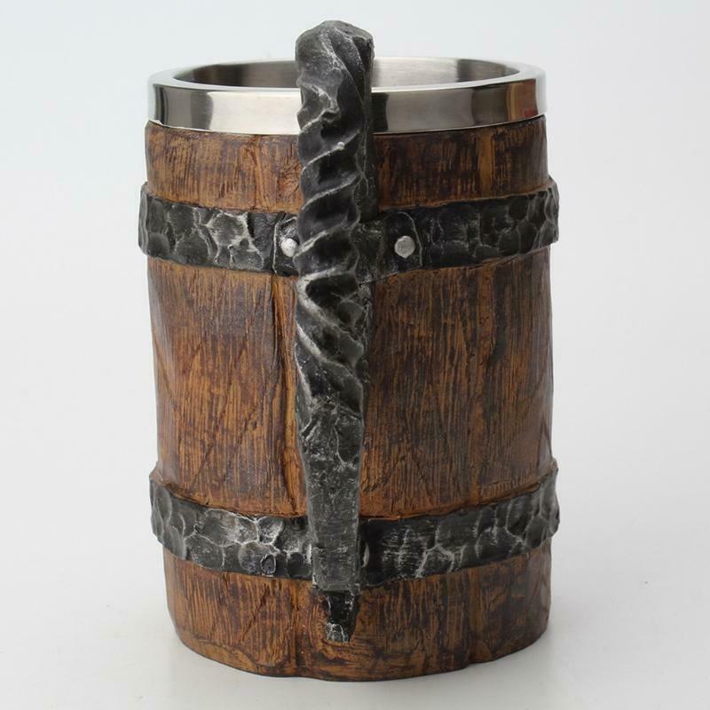 Wooden Barrel Beer Mug,Bucket Shaped Drinkware With Handle,Stainless Steel Doubl