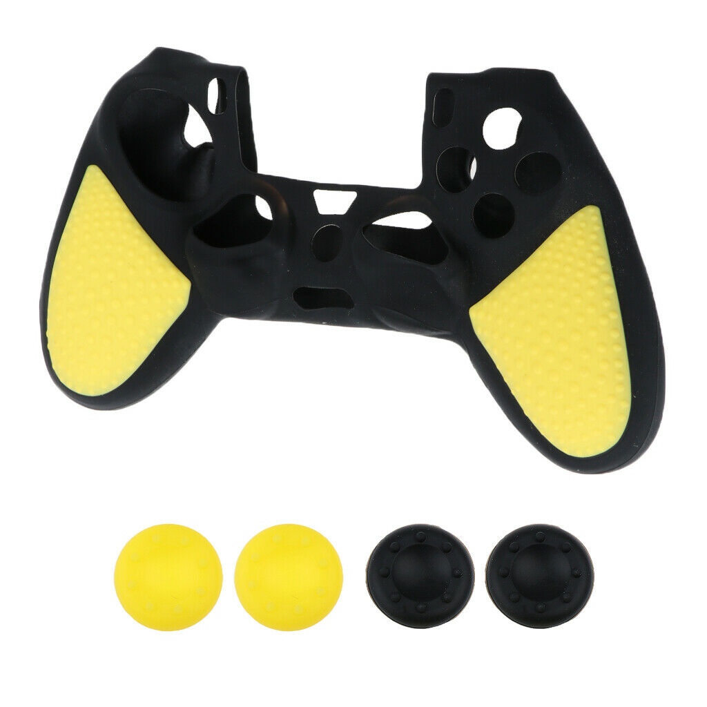 Silicone Cover Case Skin + 4Pieces Joystick Caps for PS4 Controller Yellow