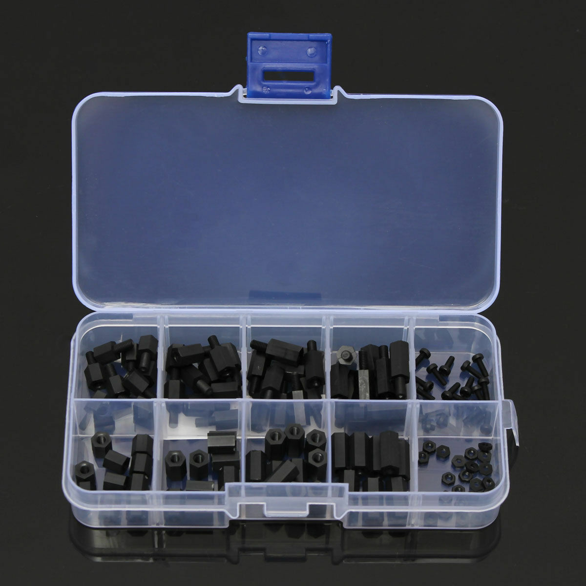 120pcs M2 Nylon Screw Black Hex Screw Nut Nylon PCB Standoff Assortment Kit Box