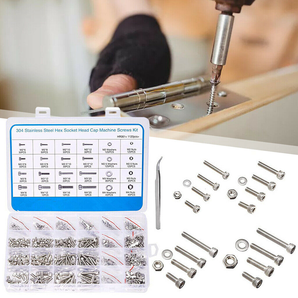 1120pcs M2 M2.5 M3 M4 Hex Socket Head Round with Wrenches Tweezers