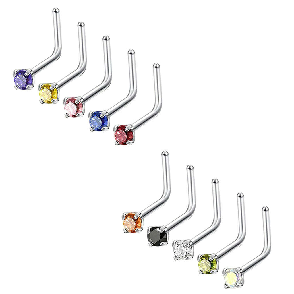 10pcs Rhinestone Stainless Steel Curved Nose Studs Rings 18 Gauge 3mm