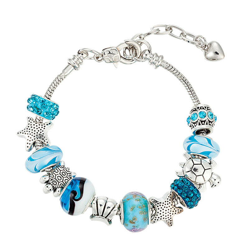 Ocean Shell Blue Crystal Beads Chain Bangle Bracelet Women Girl Charm JewelryBDA