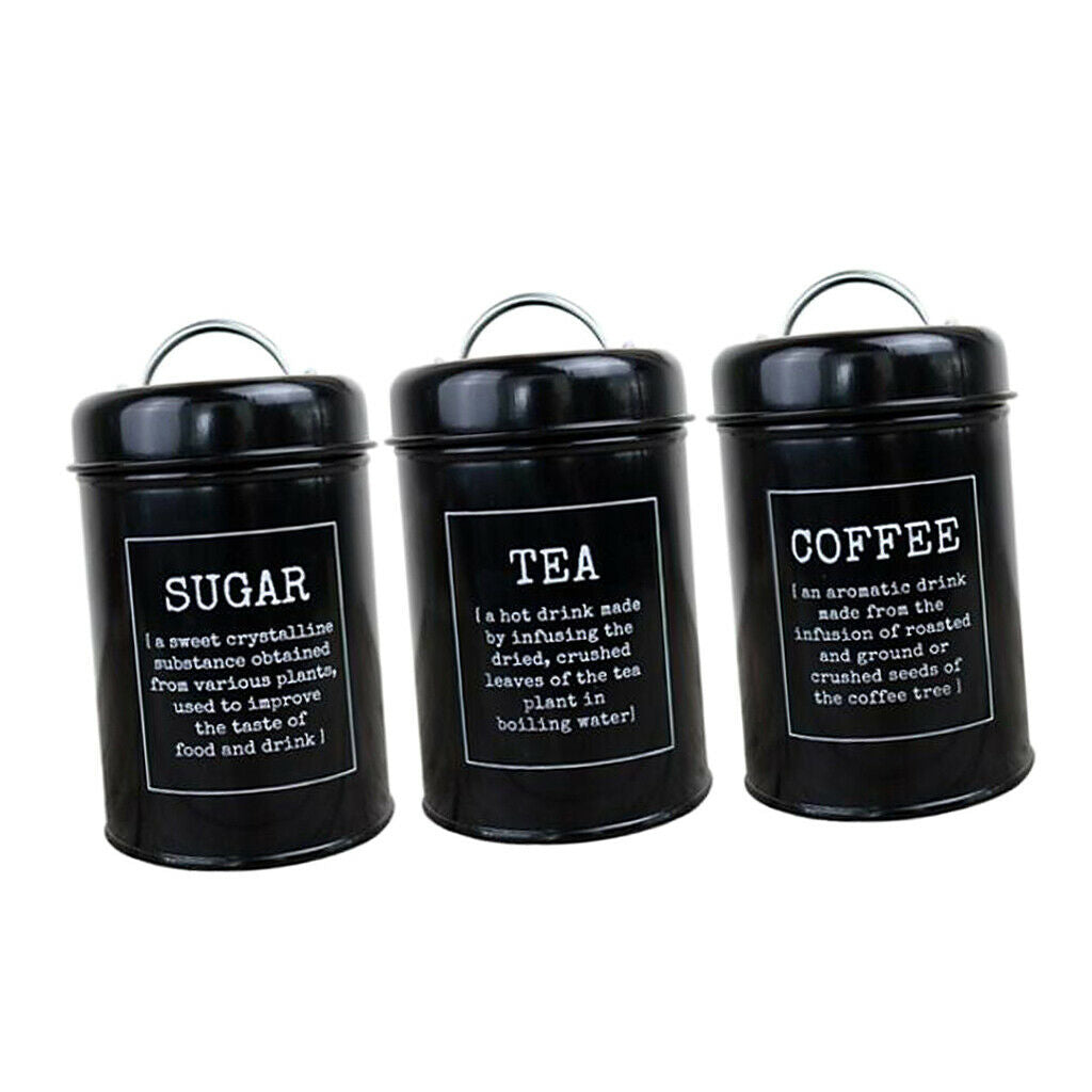 3pcs Tea Coffee Sugar Canisters Metal Kitchen Storage Tin Jars Pots Black