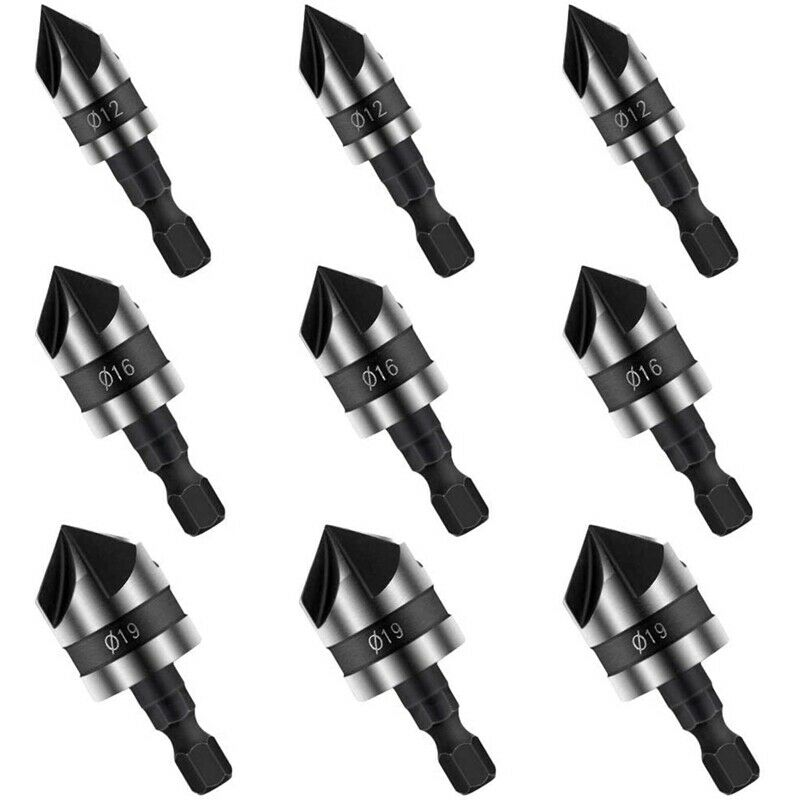 9PCS Countersink Set, Hex Shank Wood Drilling Bits 90 Degree Working 5 Flute PP9