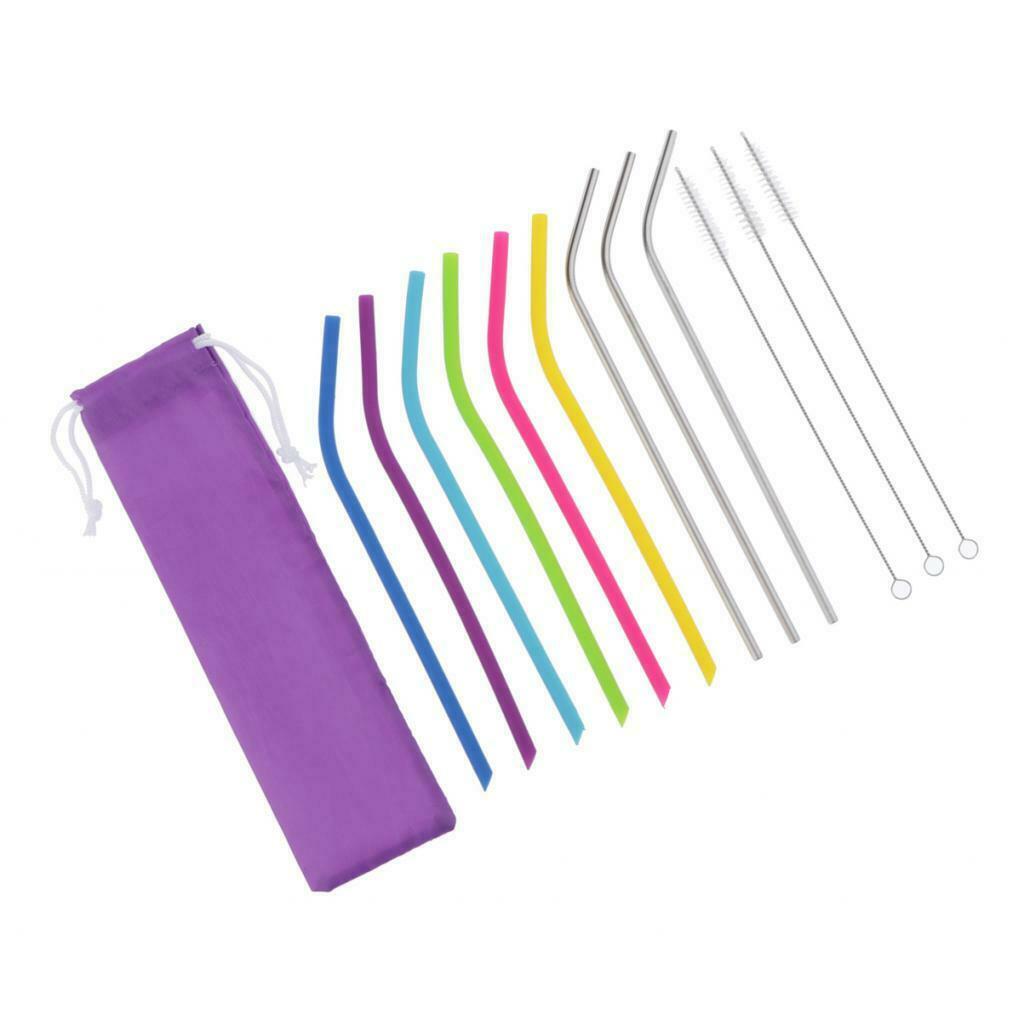Set Of Drinking Silicone Straws Stainless Steel Straws, Long Flexible Straws