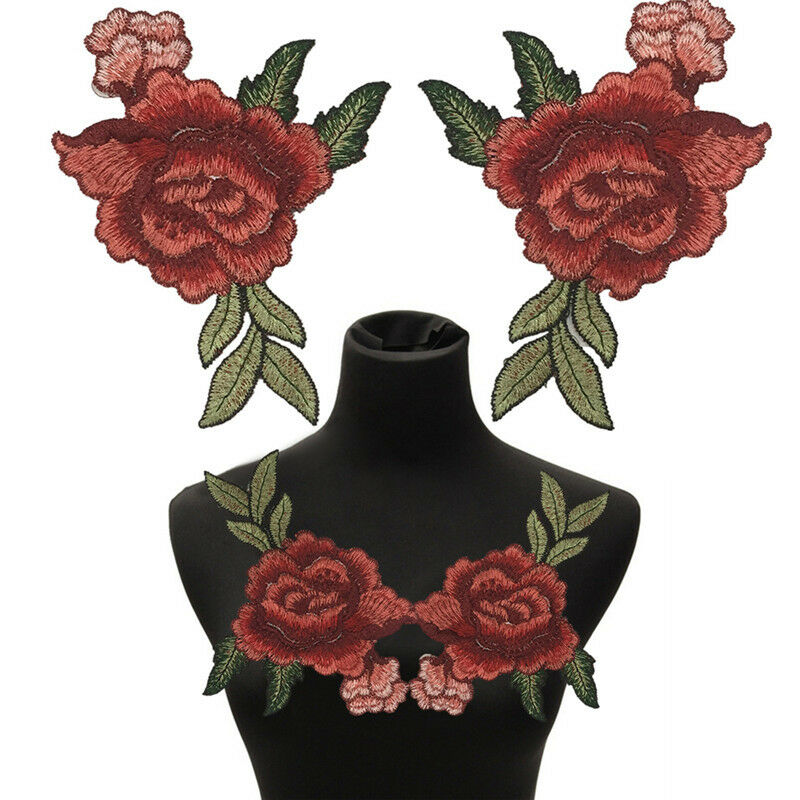 2pcs Embroidery Rose Flower Sew On Patch Badge Bag Jeans Dress Applique Craft BD