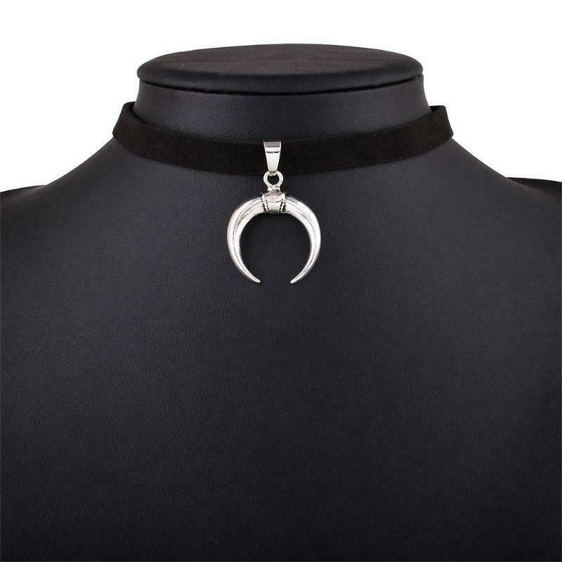 Black PU Velvet Ribbon Choker Necklace Gothic Handmade Moon Pendant Sexy Simple