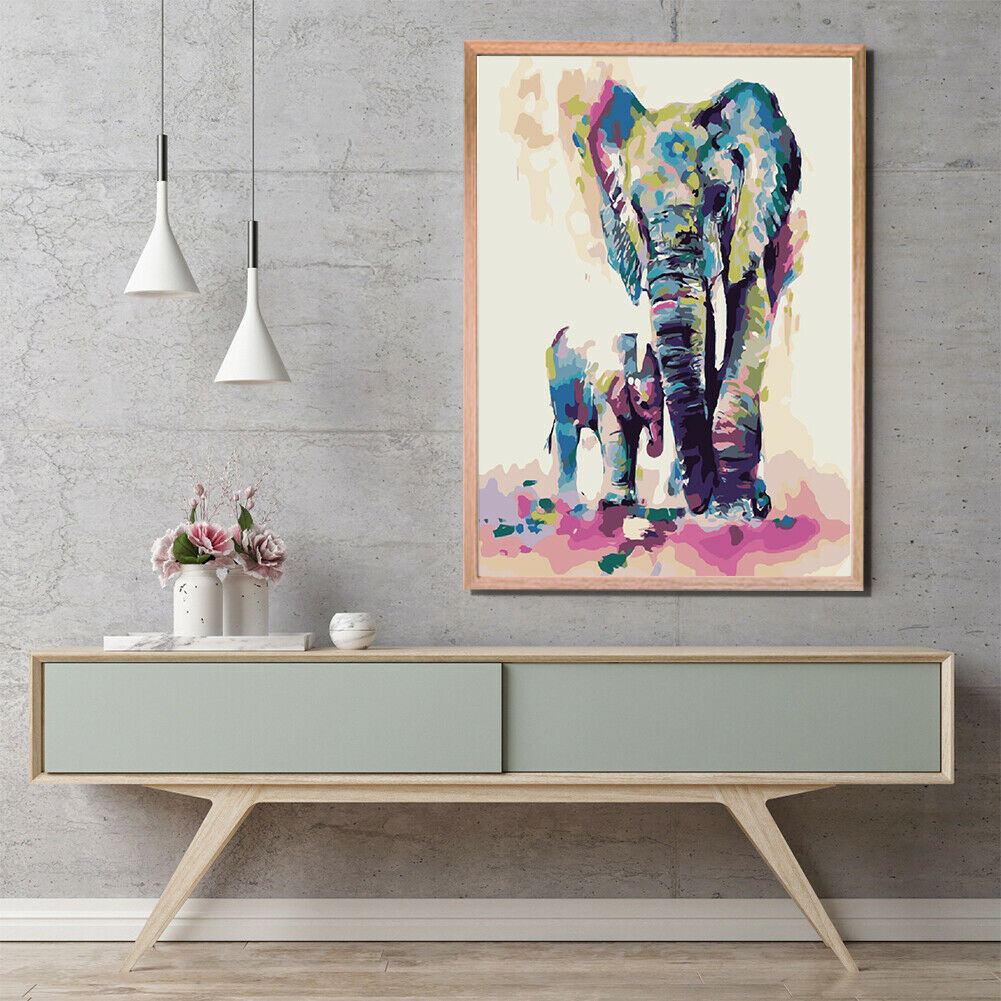 Colorful Elephant DIY Oil Painting By Numbers Hand Painted Wall Art Picture @