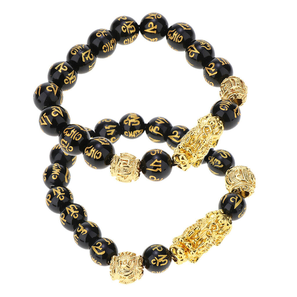 2Pcs 10mm 12mm Beads Golden PI xiu Bracelet Six Words of Truth Bead Obsidian