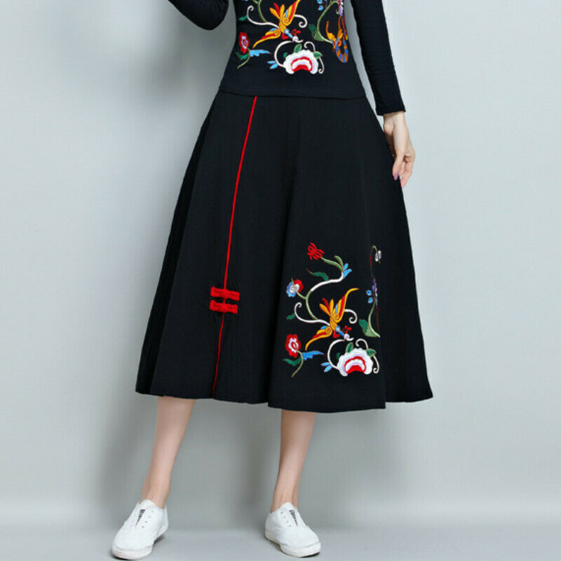 Lady Chinese Floral Embroidery Skirt Midi Ethnic Cotton Linen Hippie Retro