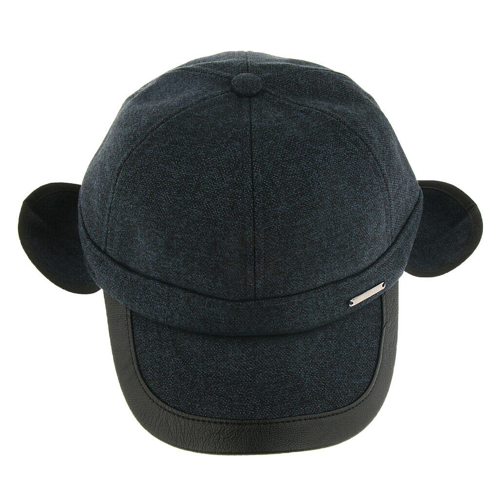 Men's Winter Warm Woolen Peaked Baseball   Hat with Earmuffs Metal Buckle Dark