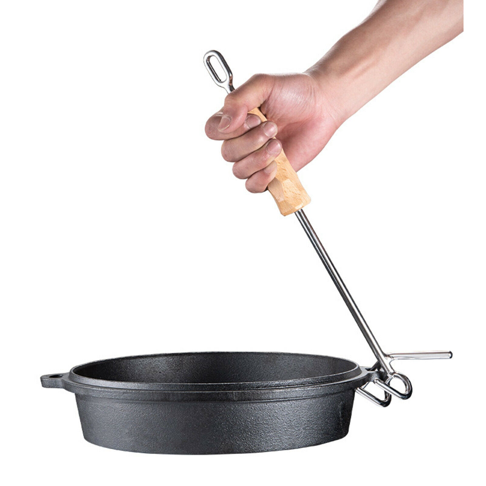 Stainless Steel Camp Oven Lid Lifter Wooden Handle Scratch Resistant 14''