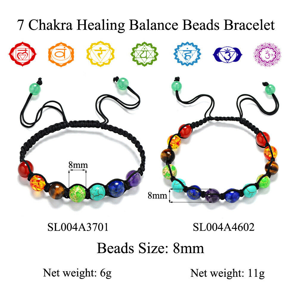 Adjustable 7 Chakra Natural Gems Stone Yoga Healing Agate Crystal Beads Bracelet