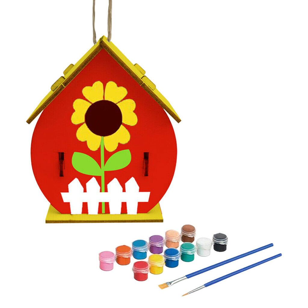 2Pieces DIY Bird House Children Hand Unpainted Build Paint Wooden Birdhouse