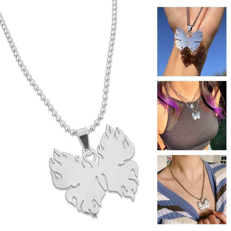 Flame Butterfly Pendant Necklace Hip-Hop Rock Stainless Steel Chain Jewelry Gift