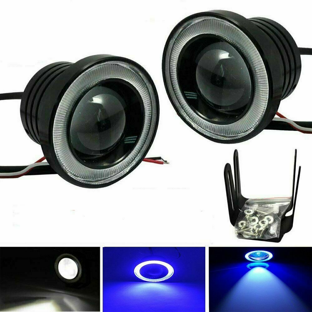 2x 2.5" Projector White LED 10000K Blue Halo Rings COB Angel Eyes Fog Light Kit