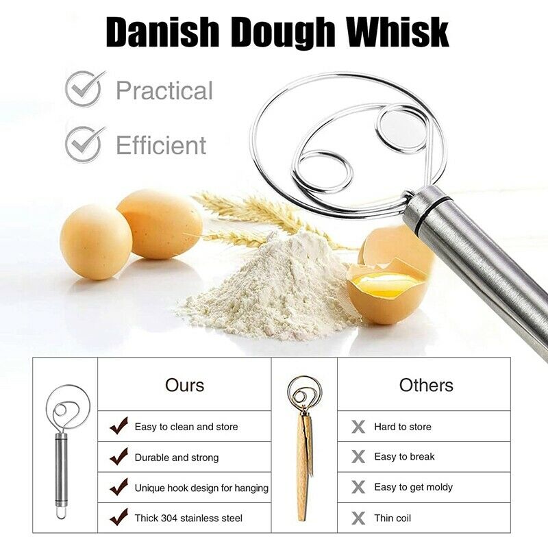 Danish Dough Whisk, 2 Pack Premium Stainless Steel Dutch Whisk, Large Hand MY3X4