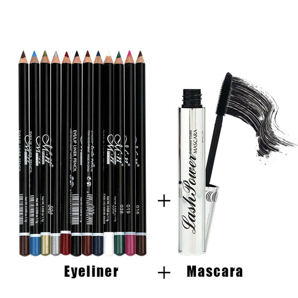 12Pcs Long Lasting Eyebrow Eyeliner Lip Liner Pencil+Curling Eyelash Mascara