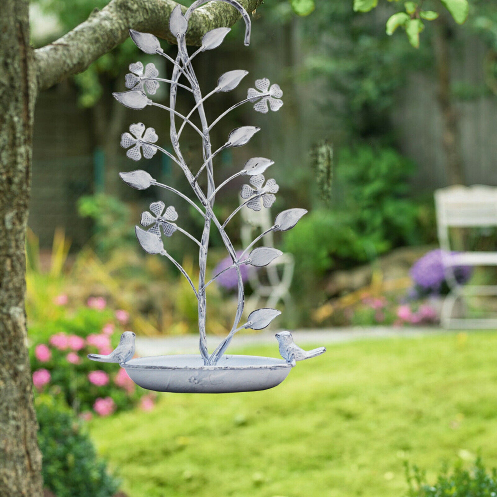 Retro Iron Plant Shape Bird Feeder Tray Hanging Yard Garden Patio Decoration