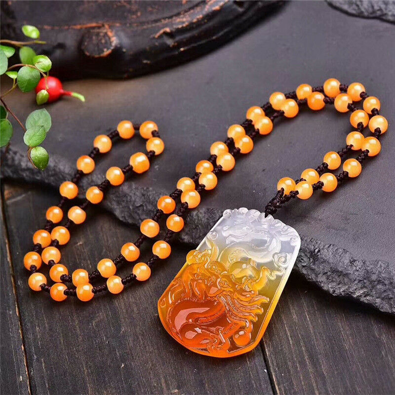 Beautiful Natural White/Yellow Agate Chalcedony Hand-Carved Fly Dragon Pendant