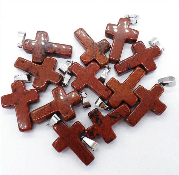 100Pcs 25x18x6mm Wholesale Natural Mahogany Obsidian Cross Pendant Bead HH8278