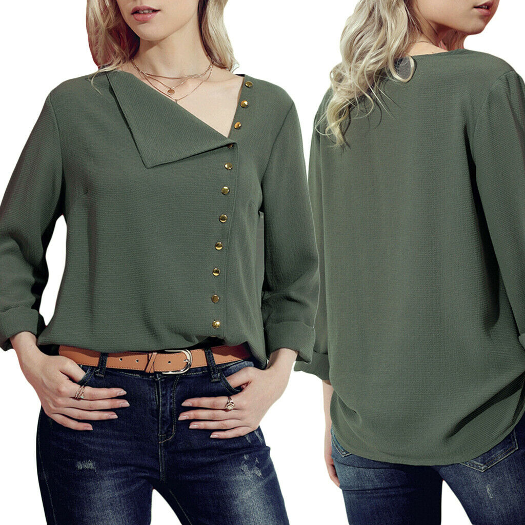 Solid Chiffon Turndown Collar Asymmetric Button Long Sleeve Blouse L Green