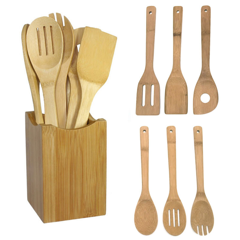 6x/Set Bamboo Utensil Kitchen Wooden Cooking Tools Spoon Spatula Mixing .DD