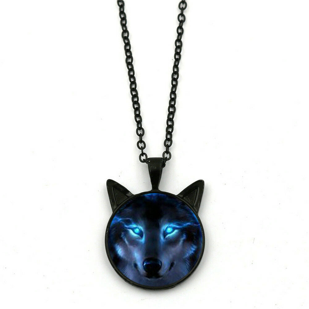 New Nordic Wiccan Wolf Photo Cabochon Glass Black Chain Pendant Necklace