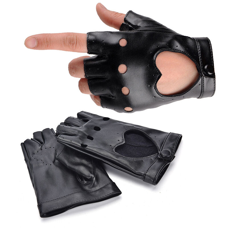 Women Punk Leather Driving Biker Fingerless Mittens Dance Motorcycle Gloves BDAU