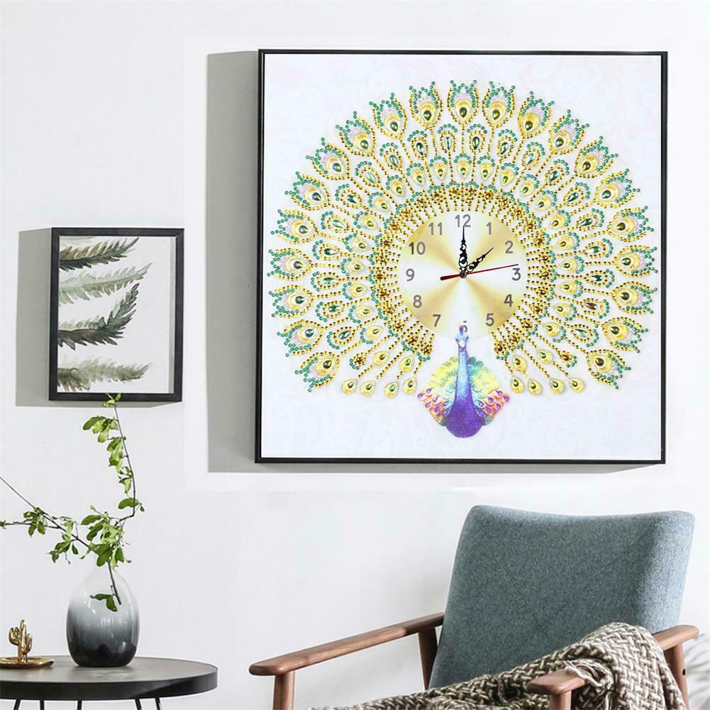 DIY Peafowl Special Shaped Diamond Painting Embroidery Clock Home Decor @