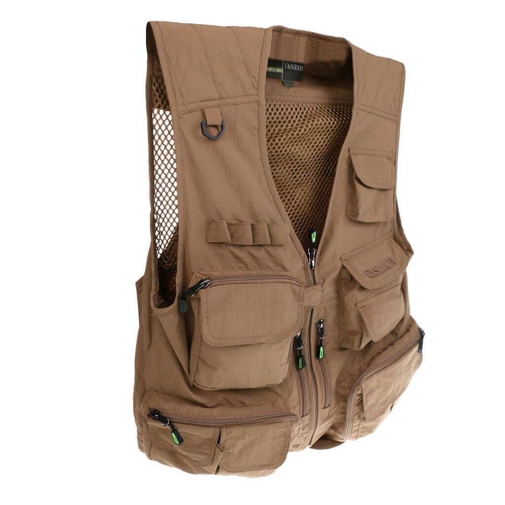 Mens Outdoor Multi-Pocket Fishing Hunting Vest Photography Jacket Khaki 3XL