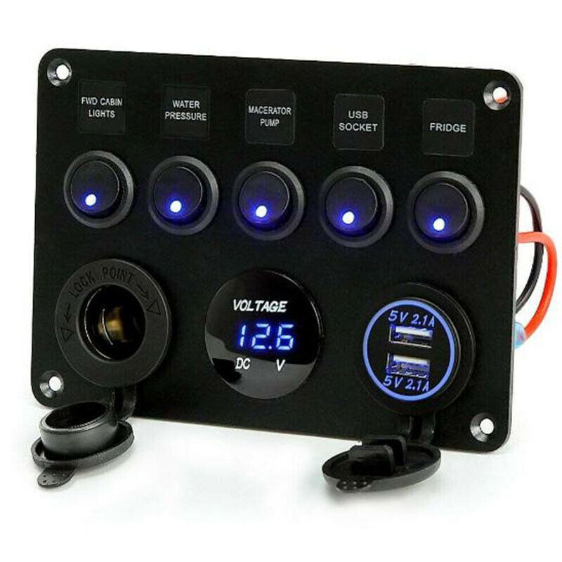 5 Gang Switch Panel 12V/24V Car Boat Marine Blue LED Rocker Breaker ControlsBDA