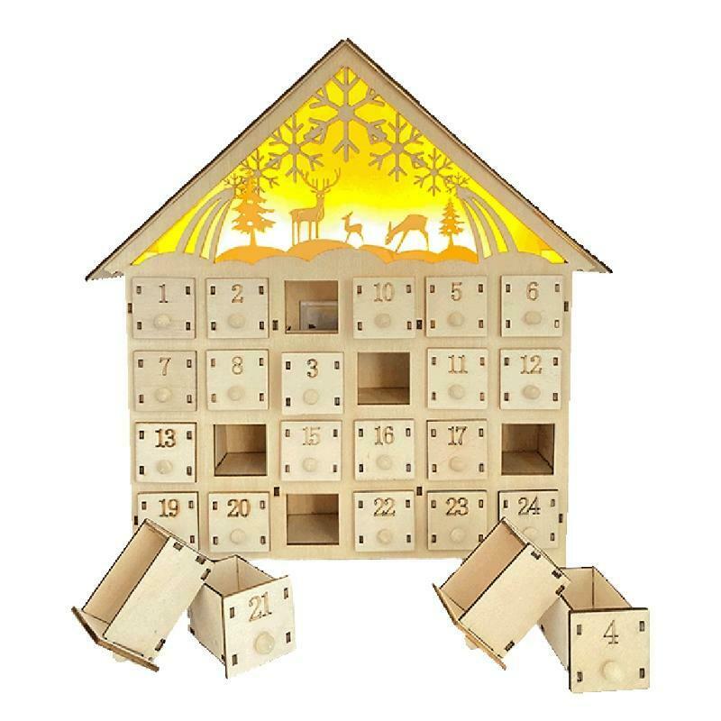 Elk Snowflake Wooden Christmas Countdown Calendar LED Lighted Wood House Xmas