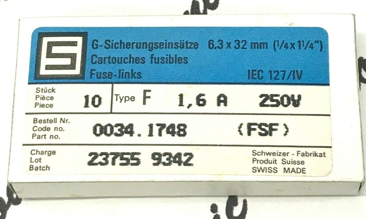 2pcs - SCHURTER  (F) 1.6A (1,6A) 250V 6.3x32mm Glass Fuse - FSF 034.1748