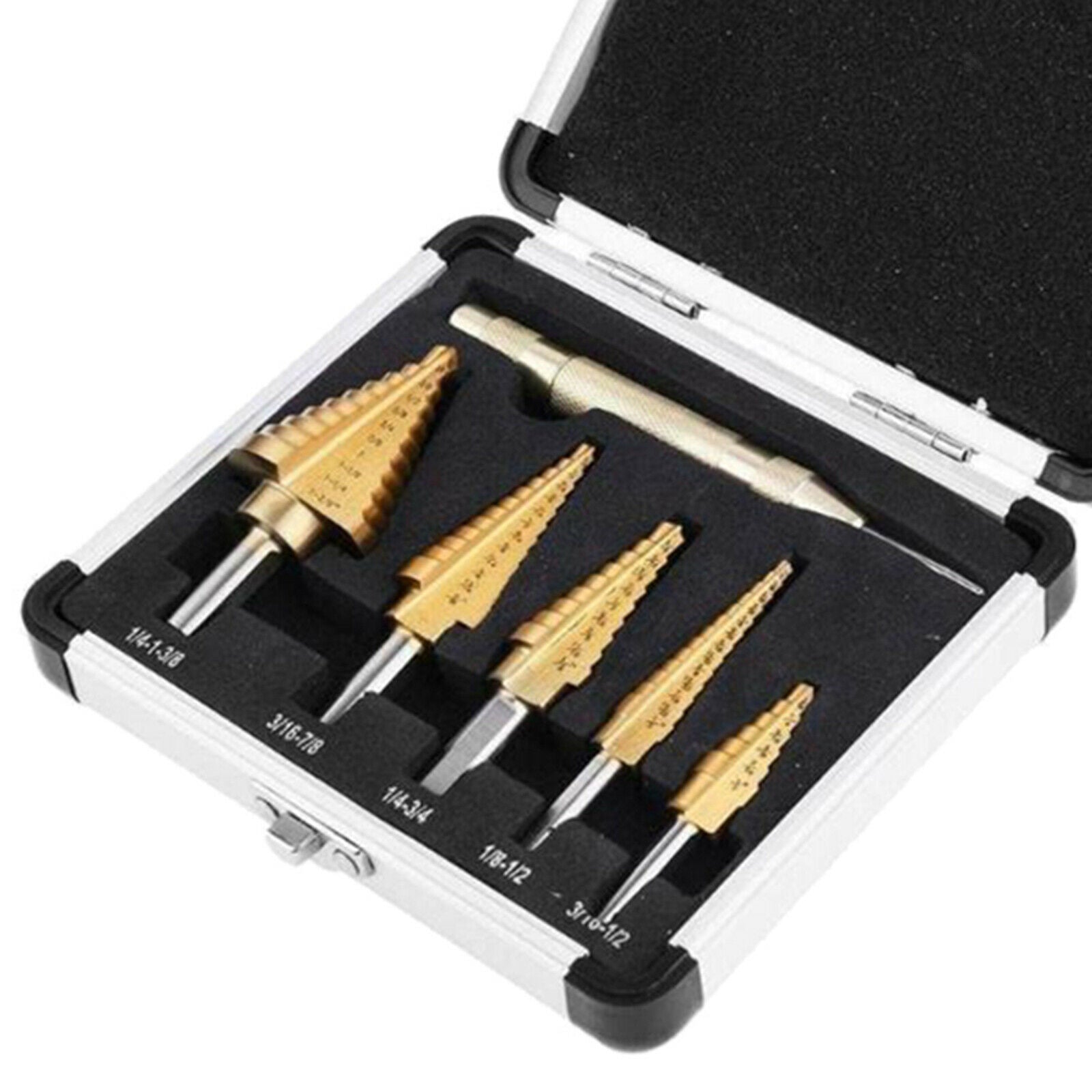 6PCS Titanium Coated Steel Step Drill Hex Shank Set with Aluminum Case