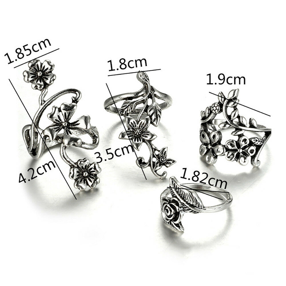 4Pcs/Kit Retro Flower Leaves Midi Finger Knuckle Rings Boho Fashion Jewelry New