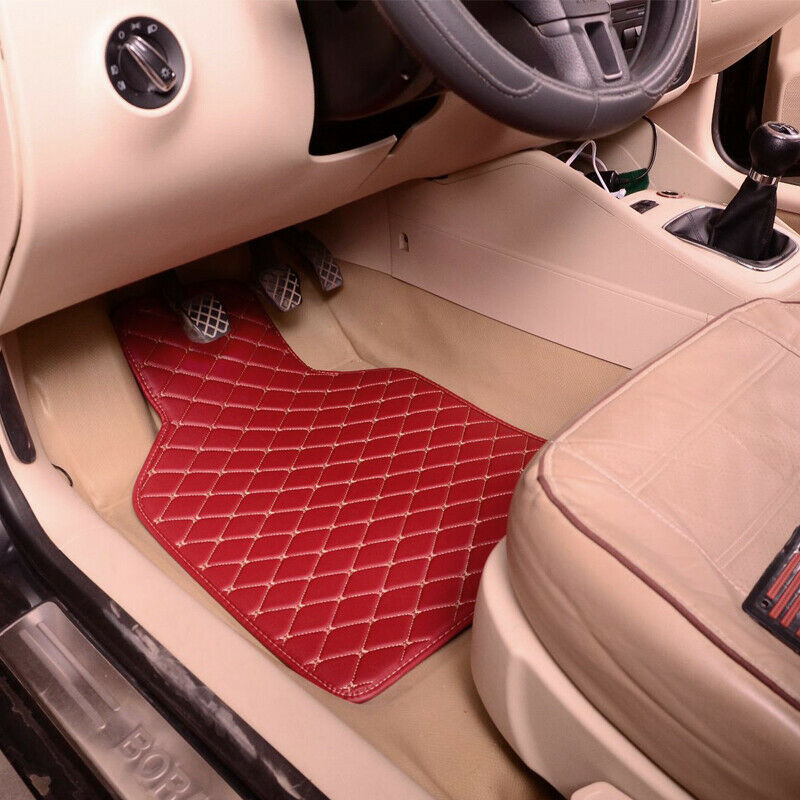 4PCS Red Leather Car Floor Mats Quilted Design Waterproof Liners Carpets Durable