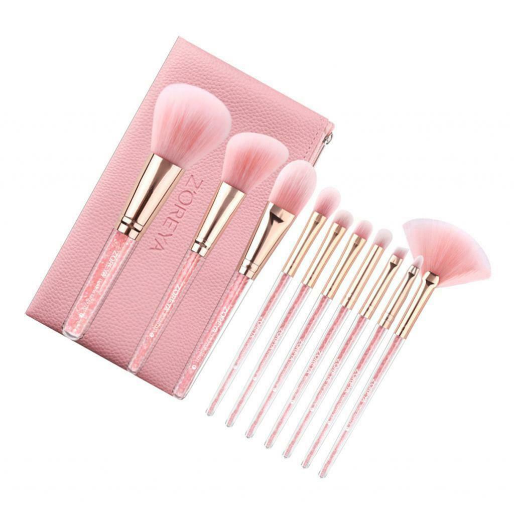 10Pcs Makeup Brushes, Acrylic Pink Rhinestone Handle, Professional Premium